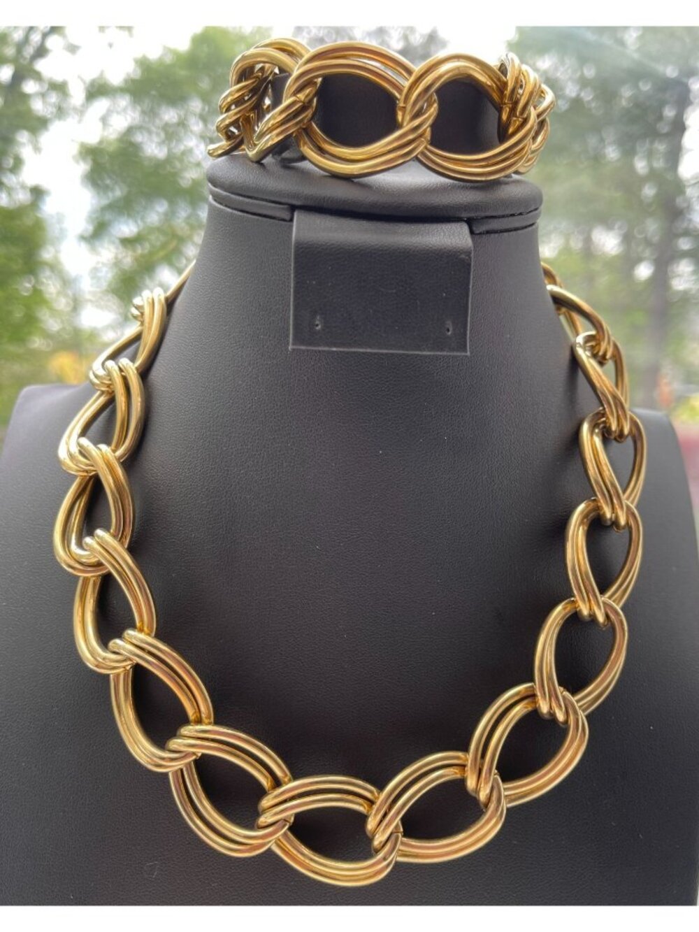 Vtg Chunky Gold-Tone Double - Link Love Knot Chain Necklace & Bracelet Set Chain